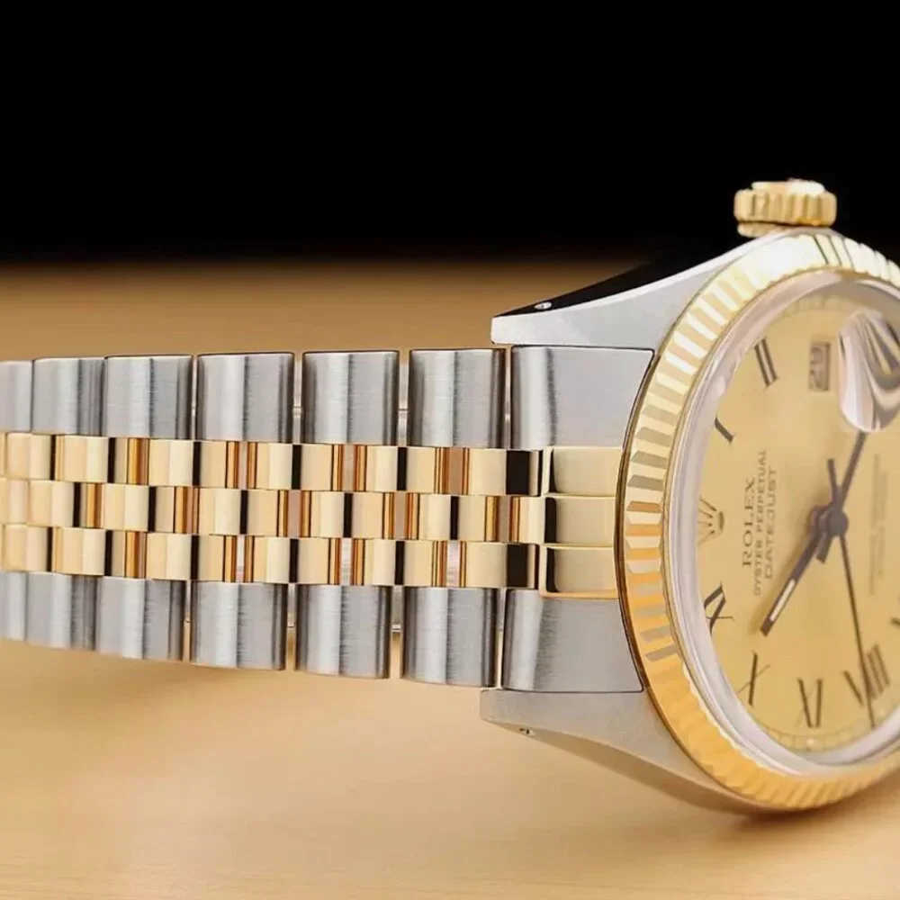 Rolex Men's Champagne 18k Gold Black Roman Watch